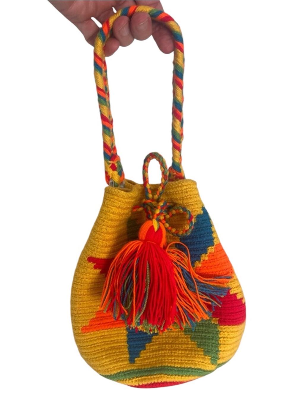 Desert Sun Mini Crochet Bag Boho Artisan Tassel Bucket Summer Handmade Yellow